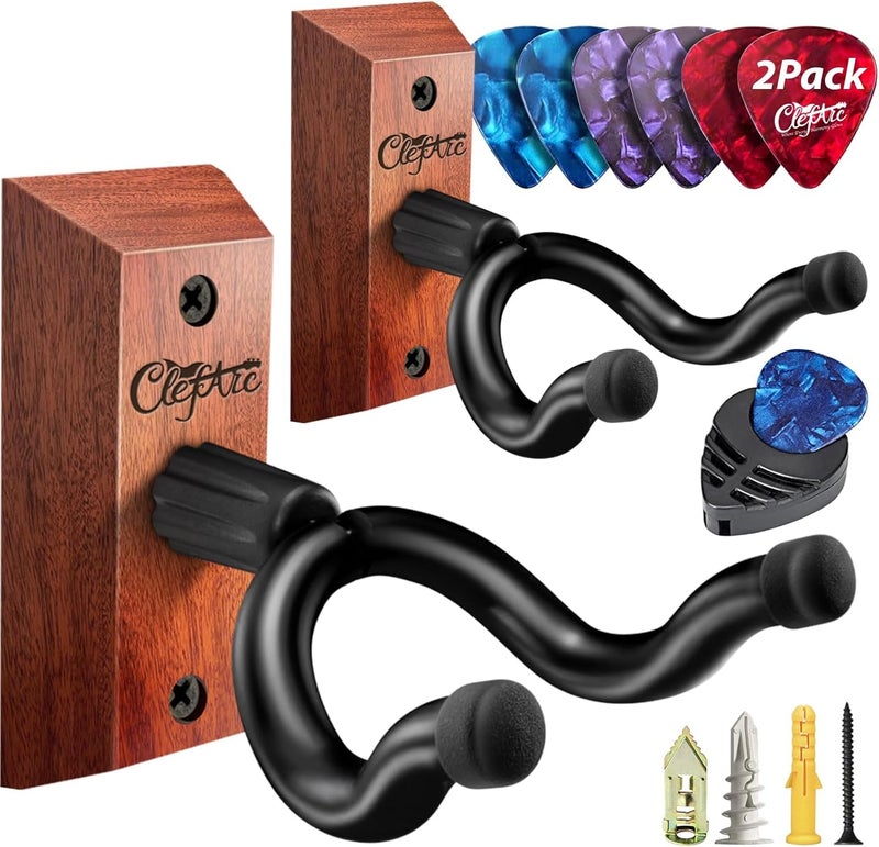 ClefArc Guitar Wall Mount Mahogany - 2 Pack Wood Guitar Wall Hangers, Picks Accessories, U-Shape Hardwood Hanger, Gifts for Guitarists, with 6 Assorted Guitar Picks - Image 1